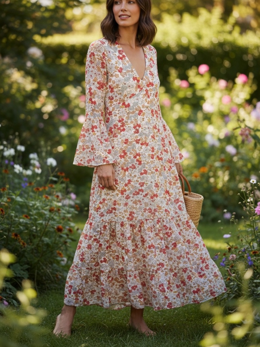 Natural Life‎ Bohemian Maxi Dress Floral Daisy Print Bell Sleeve Sheer Small
